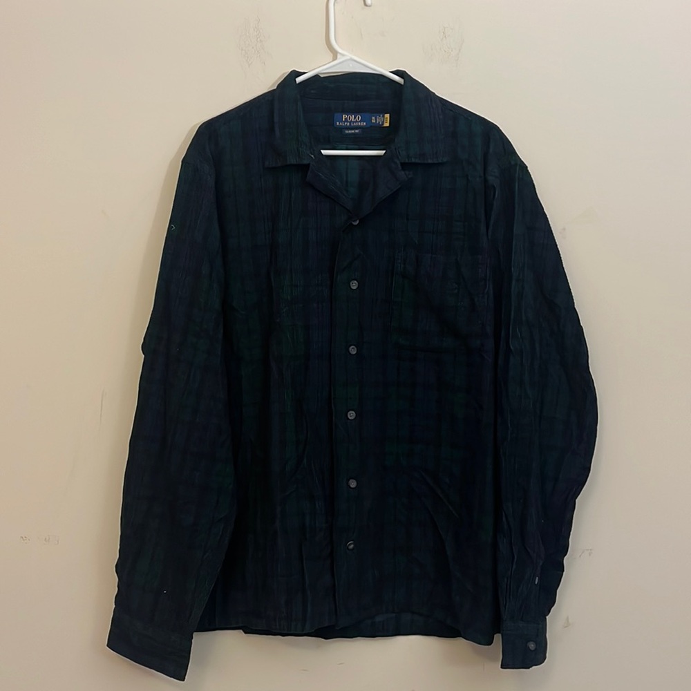 Polo Ralph Lauren Blue & Green Plaid Corduroy Button Down Long Sleeve Shirt XL
